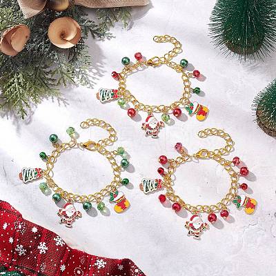 3Pcs 3 Colors Christmas Alloy Enamel Charm Bracelets BJEW-JB12076-1