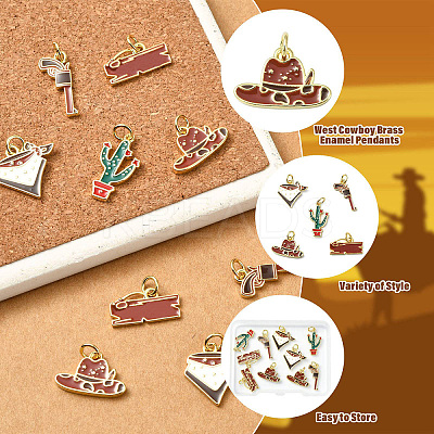 10Pcs 5 Styles West Cowboy Brass Enamel Pendants KK-CJ0004-42-1