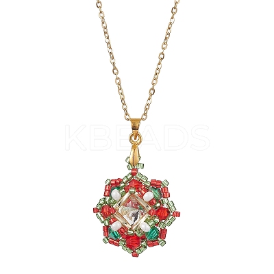Christmas Theme Flower Glass Seed Beads & Rhinestone Pendant Necklaces NJEW-MZ00045-1