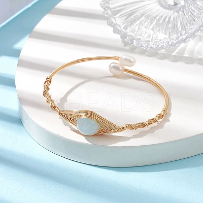 Natural Aquamarine & Pearl Cuff Bangle BJEW-JB10119-01-1