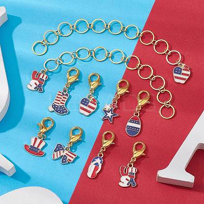 10Pcs USA Flag Element Apple/Star/Bowknot Alloy Enamel Knitting Row Counter Chains & Locking Stitch Markers Kits HJEW-JM01337-1