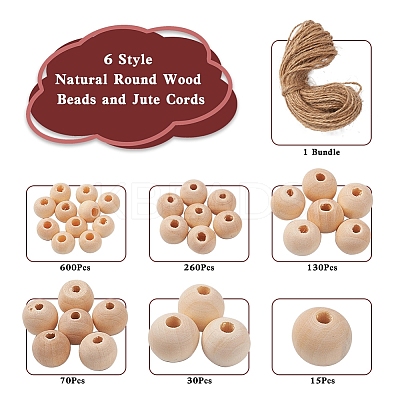 6 Style Natural Round Wood Beads and Jute Cords WOOD-YW0001-02-1
