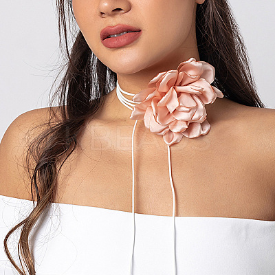 1Pc Retro Cloth Rose Flower Waxed Cord Wrap Choker Necklaces for Women NJEW-CP0001-05D-1