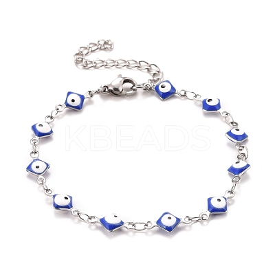 Enamel Rhombus with Evil Eye Link Chains Bracelet BJEW-P271-03P-03-1