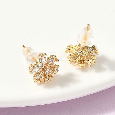 Snowflake Brass Micro Pave Cubic Zirconia Stud Earrings EJEW-Z152-02G-03-1