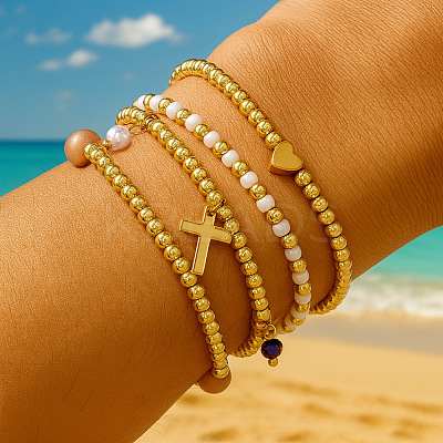 4Pcs Bohemian Beach Heart Round Brass Beaded Stretch Bracelet Sets ZQ1331-1-1