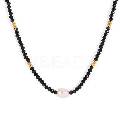 Natural Black Spinel Faceted Rondelle and Freshwater Pearl Beaded Necklaces AF5401-1