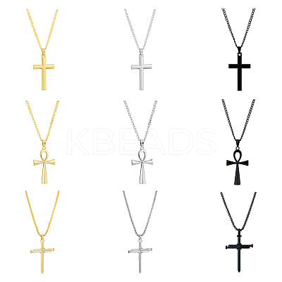 9Pcs 9 Style Stainless Steel & Alloy Cross Pendant Necklaces Set NJEW-FI0001-21-1