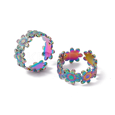 Ion Plating(IP) 304 Stainless Steel Ring Flower Wrap Open Cuff Ring for Women RJEW-C045-17M-1