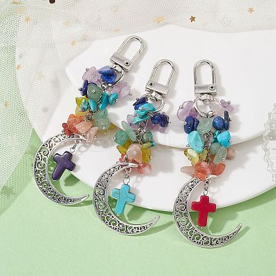 Natural & Synthetic Gemstone Chip & Cross Pendant Decoration HJEW-TA00086-1