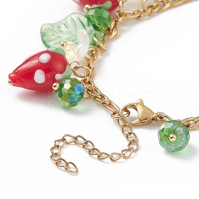 Plastic Imitation Pearl Flower & Acrylic Leaf & Lampwork Strawberry Charms Bracelet BJEW-TA00181-1