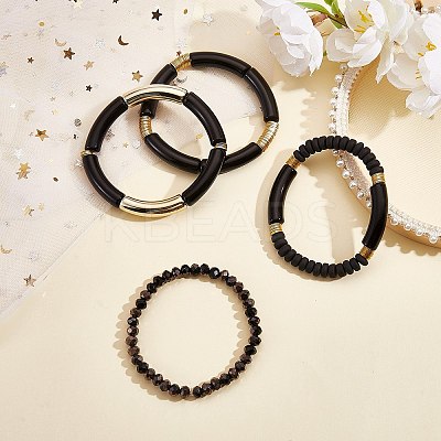 4Pcs 4 Style Acrylic Chunky Curved Tube Stretch Bracelet Sets BJEW-SW00074-02-1