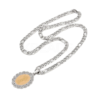 Oval with Virgin Pattern 201 Stainless Steel Pendant Necklaces for Men Women LS-NJEW-K283-22G-1