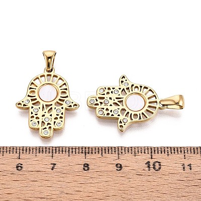 304 Stainless Steel Crystal Rhinestone and Shell Hamsa Hand Pendants STAS-T071-14G-1