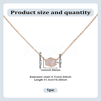 1Pc Brass Pave Natural Rose Quartz Hexagon Pendant Necklaces NJEW-LP0009-34-1