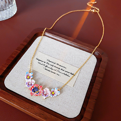 Brass Rhinestone & Imitation Pearl Colorful Flower Bib Necklaces FS-WGF5859-01-1