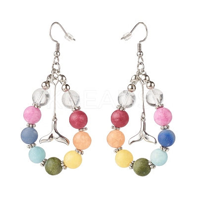 Natural Mixed Gemstone Braided Teardrop Dangle Earrings with Brass Whale Tail Charms EJEW-JE04951-02-1
