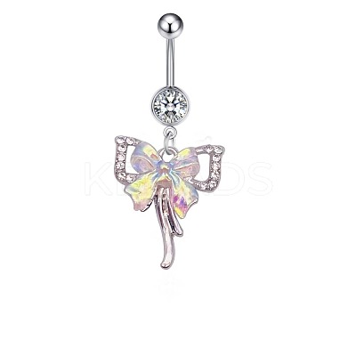 304 Stainless Steel Pave Clear Cubic Zirconia Enamel Bowknot Curved Barbell Dangle Belly Rings FS-WG01A3A-01-1