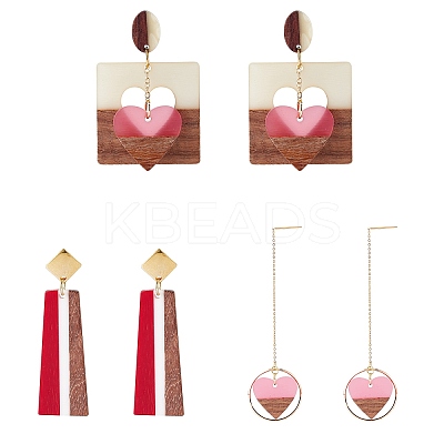 3 Pairs 3 Style Heart & Trapezoid & Square Resin & Walnut Wood Dangle Stud Earring EJEW-SW00014-01-1