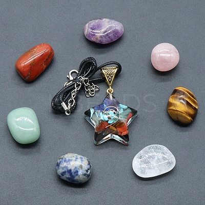 7 Chakra Tumbled Stone & Star Pendant Necklace Mixed Natural Gemstone Healing Stones Set PW-WG21137-01-1