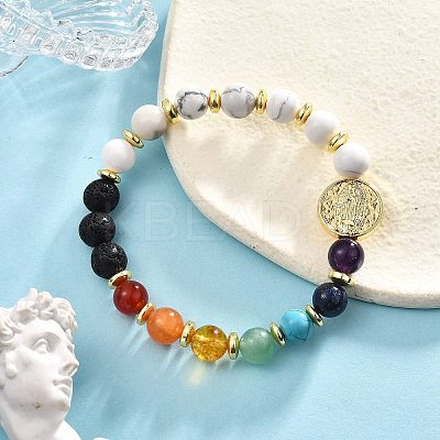 Natural & Synthetic Mixed Gemstone & Brass Virgin Mary Beaded Stretch Bracelet for Women BJEW-JB09323-1