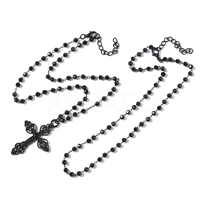 Halloween Alloy & Acrylic Round Beads Link Chain Cross Pendant Double Layer Necklaces for Women NJEW-K294-02EB-1