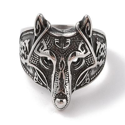 Viking 304 Stainless Steel Wolf Head Wide Finger Rings for Mens RJEW-U005-16B-AS-1