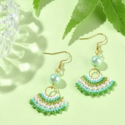 Glass Beaded Fan with Imitation Pearl Dangle Earrings EJEW-MZ00066-1