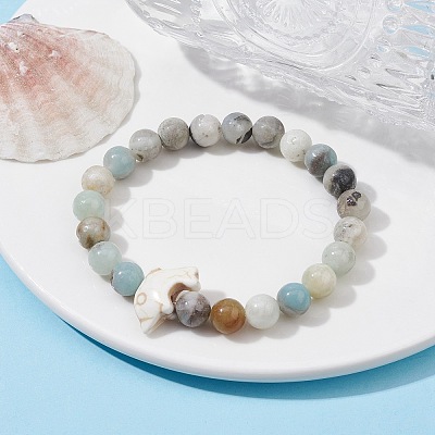 Natural Flower Amazonite & Synthetic Turquoise Dolphin Beaded Stretch Bracelets BJEW-JB09830-03-1