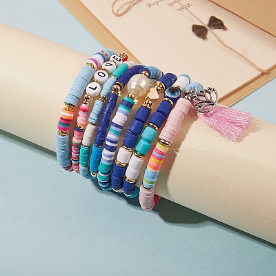 8Pcs 8 Style Polymer Clay Heishi & Natural Pearl & Non-magnetic Synthetic Hematite Beads Stretch Bracelets Set for Girl Women BJEW-SZ0001-81-1