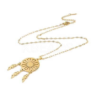 Woven Net/Web with Feather 201 Stainless Steel Boho Pendant Necklaces for Women NJEW-G087-05G-1
