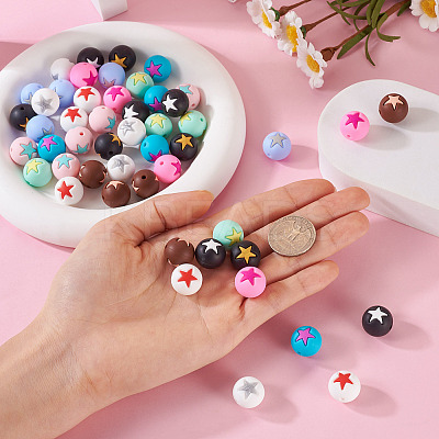 50Pcs 10 Colors Round with Star Food Grade Eco-Friendly Silicone Beads SIL-TA0001-47-1