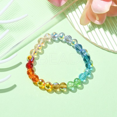 Rainbow Color Faceted Round Glass Stretch Bracelets for Women BJEW-JB09481-01-1