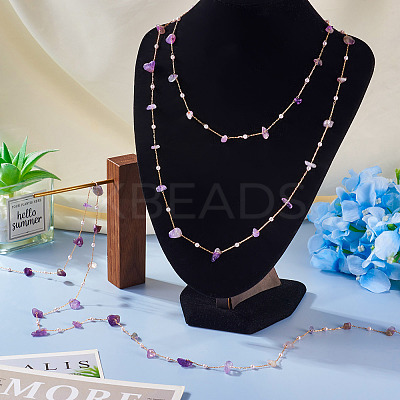 3m Natural Amethyst Chips & ABS Plastic Imitation Pearl Beaded Chains Necklace Making Kits CHC-TA0001-30D-1