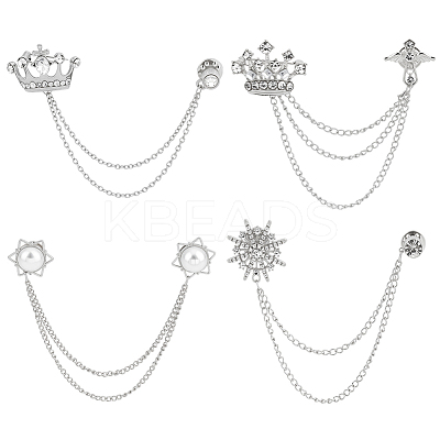4Pcs 4 Styles Rhinestone Crown & Star Hanging Chain Brooch JEWB-OC0001-10-1