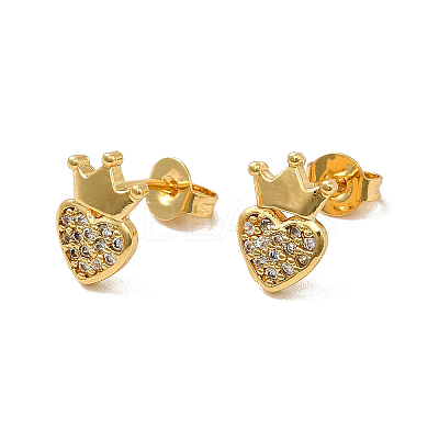 Rack Plating Brass Micro Pave Clear Cubic Zirconia Heart with Crown Ear Studs EJEW-F301-03-1