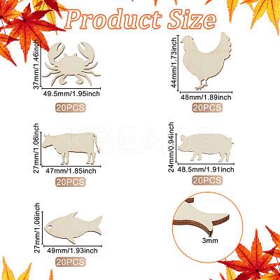 100Pcs 5 Styles Unfinished Wooden Cutouts WOOD-OC0002-90-1