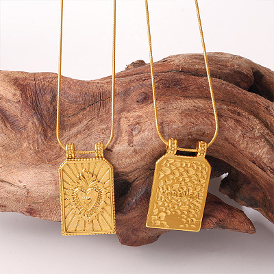 304 Stainless Steel Textured Rectangle with Sacred Heart Pendant Necklaces for Unisex WG14EDC-01-1