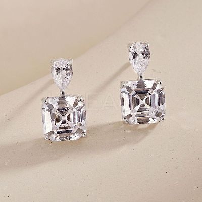 Rhodium Plated 925 Sterling Silver Micro Pave Cubic Zirconia Ear Studs for Women EJEW-P231-96P-1