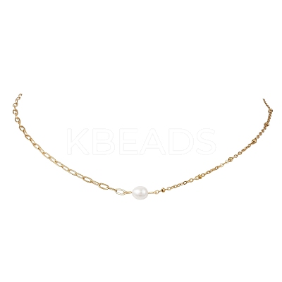 Natural Pearl Rice & 304 Stainless Steel Satellite Chain Paperclip Chain Necklaces for Women NJEW-JN05822-02-1