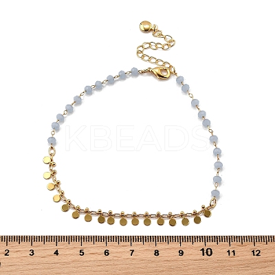 Bohemian Natural Dyed Stone Imitation Aquamarine Faceted Round & Brass Disc Tassel Anklets AJEW-Z046-07G-1