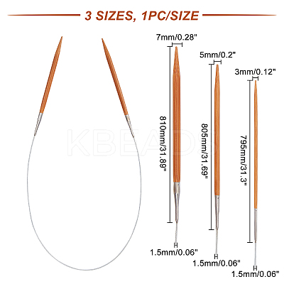 3 Pcs 3 Style Stainless Steel Wire Bamboo Circular Knitting Needles TOOL-CA0001-08-1