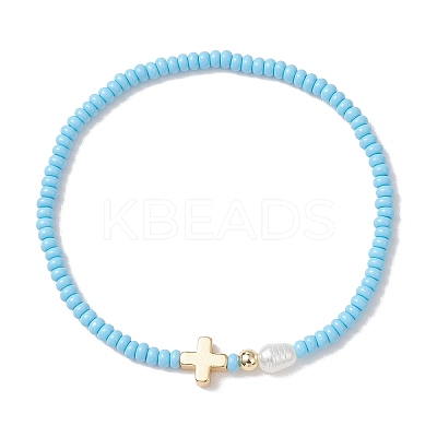 7Pcs Glass Seed Bead Stretch Bracelets with Brass Cross & Imitation Pearl BJEW-MZ00299-1
