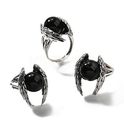 Natural Obsidian Wings Adjustable Rings RJEW-K241-04AS-09-1