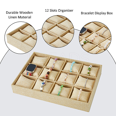 12 Slots Wooden Covered with Linen Bracelet & Bangle & Watch Display Trays BDIS-WH0008-12-1
