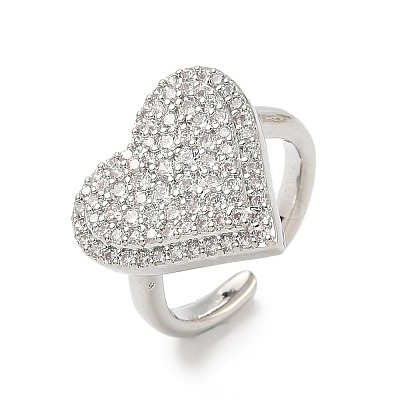 Heart Brass Micro Pave Cubic Zirconia Cuff Rings for Women RJEW-A069-12P-02-1