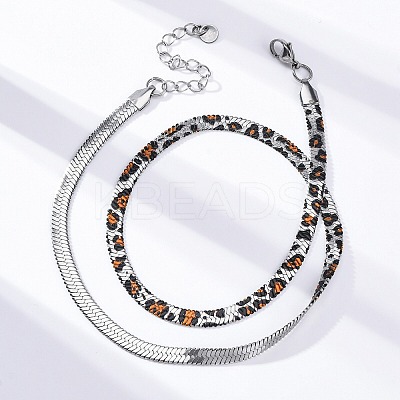 304 Stainless Steel Leopard Print Flat Snake Chain Necklaces for Women NJEW-A044-02B-P-01-1