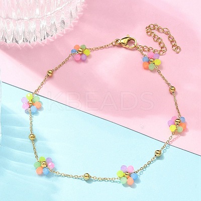 304 Stainless Steel & Synthetic Stone Daisy Flower Chain Anklets for Women LS-AJEW-B031-01G-01-1