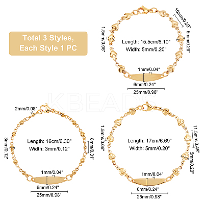 3Pcs 3 Style 304 Stainless Steel Oval Link Bracelets Set for Women BJEW-UN0001-24-1