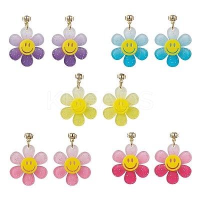 Sunflower with Smiling Acrylic Dangle Stud Earrings EJEW-JE05608-1